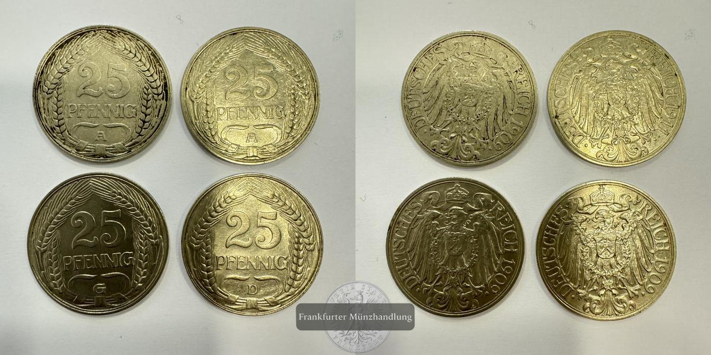  Kaiserreich 4x 25 Pfennig  3x 1909 & 1x '11  FM-Frankfurt CuNi: 12g   
