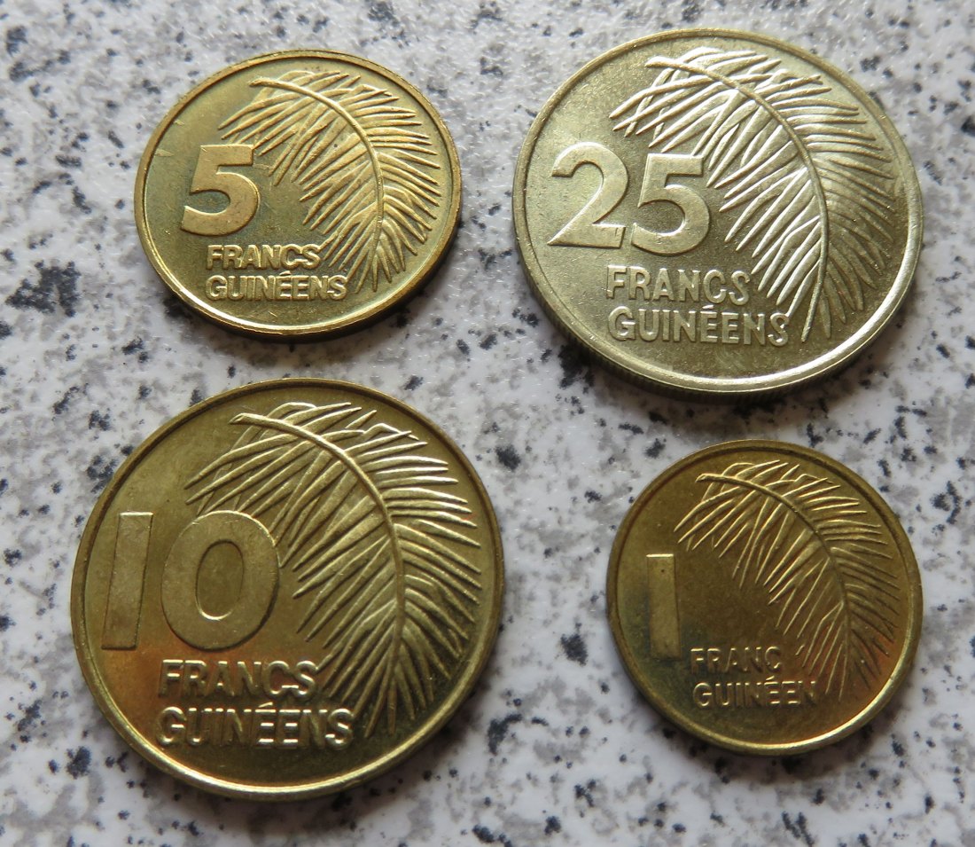  Guinea 1, 5 und 10 Francs 1985 sowie 25 Francs 1987   