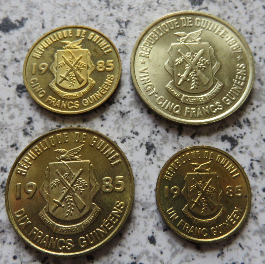  Guinea 1, 5 und 10 Francs 1985 sowie 25 Francs 1987   