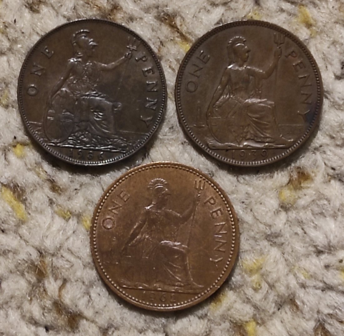  d009: Großbritannien 3 x 1 Penny 1936, 1939, 1962, 3 Dynastien   