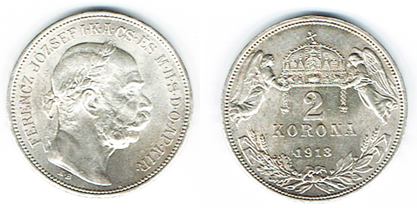  SZAIVERT KAISERREICH ÖSTERREICH FRANZ JOSEPH 2 KRONEN 1913 KB KREMNITZ   