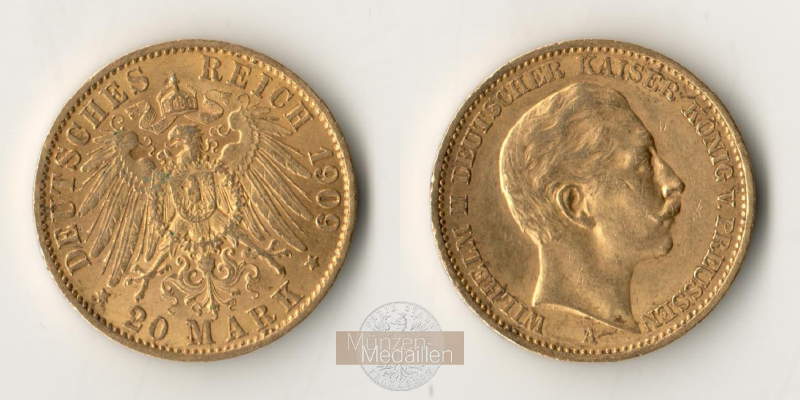 Dt. Kaiserreich Preussen, Wilhelm II MM-Frankfurt KM#521 Feingold: 7,17g 20 Mark (1890-1913) 1909 A 