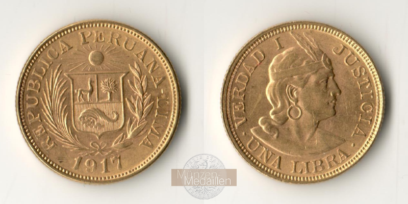 Peru 1 Libra 1917 (1898-1969) MM-Frankfurt KM#207 Feingold: 7,323g   