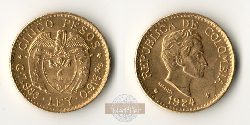Kolumbien. Feingold: 7,32g 5 Pesos 1924 