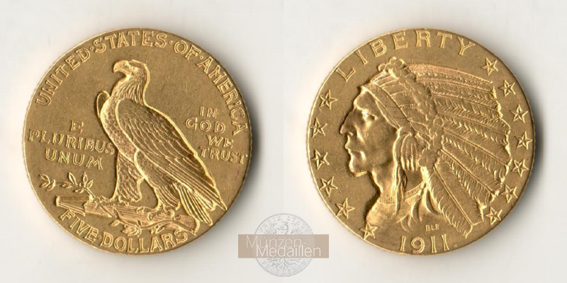 USA  5 Dollar Indian Head MM-Frankfurt Feingold: 7,52g Half Eagle 1911 