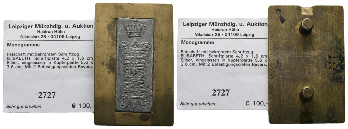  Monogramm, Petschaft mit gekröntem Schriftzug ELISABETH; Schriftplatte 4,2x1,6 cm AG   