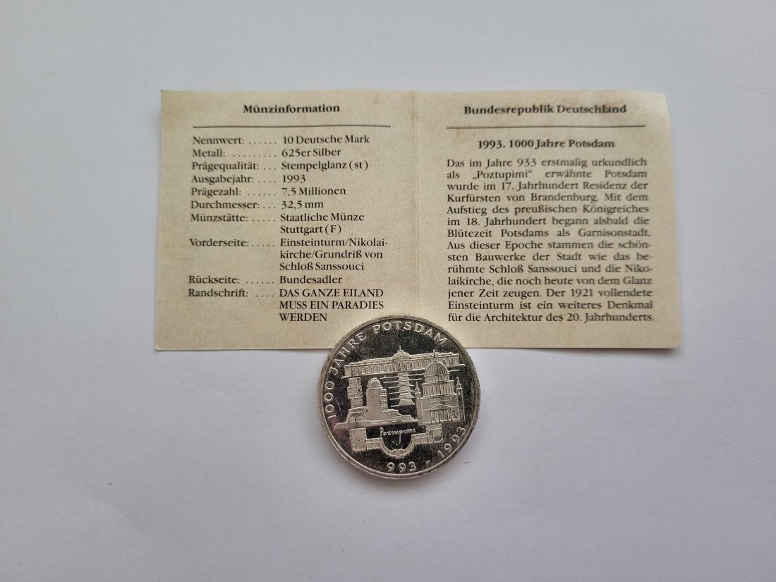  10 Mark 1993 F 1000 Jahre Potsdam 9,68g fein silber BRD Deutschland Spittalgold9800 1975   