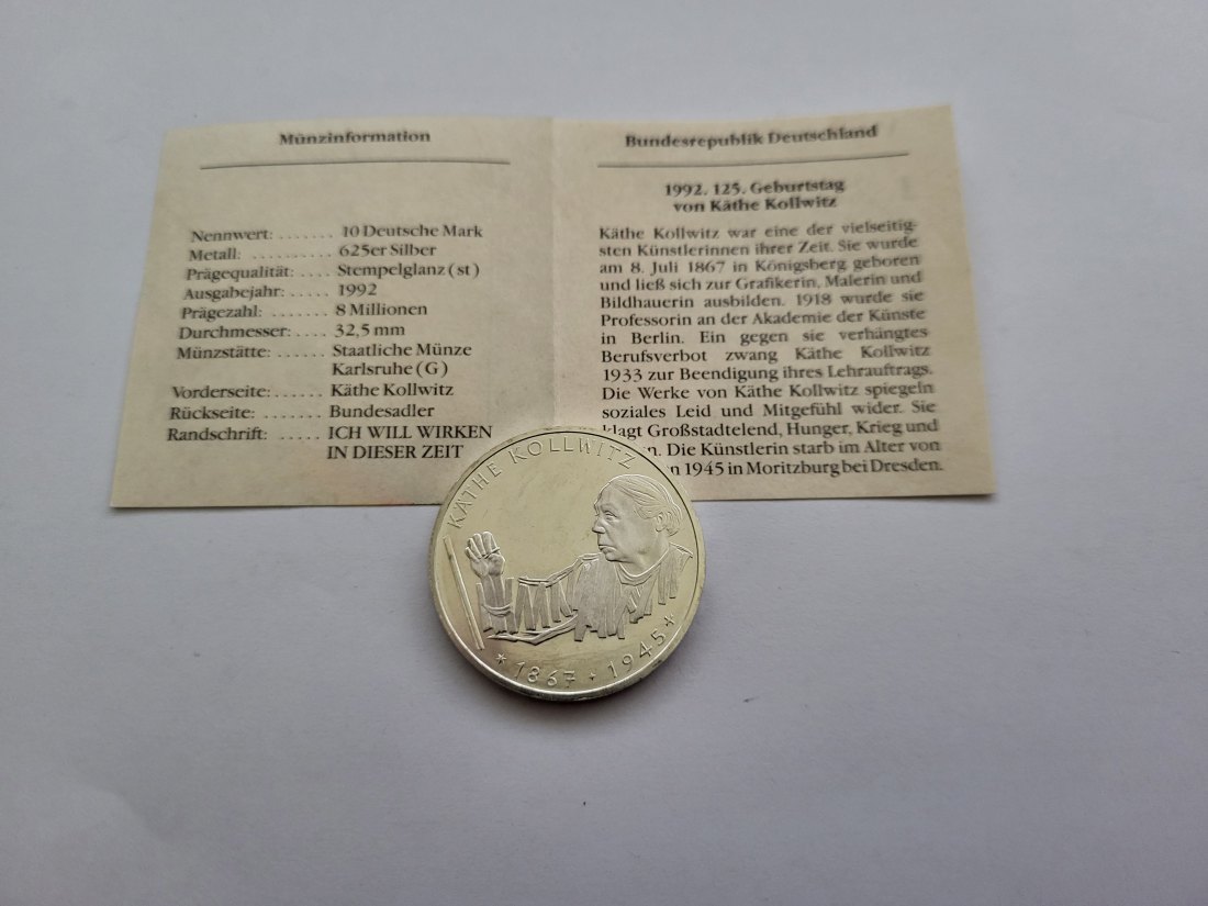  10 Mark 1992 G Käthe Kollwitz 9,68g fein silber BRD Deutschland Spittalgold9800 1975   