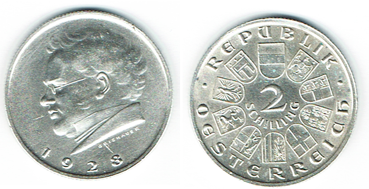  SZAIVERT 1. REPUBLIK ÖSTERREICH 2 SCHILLING 1928 SCHUBERT   