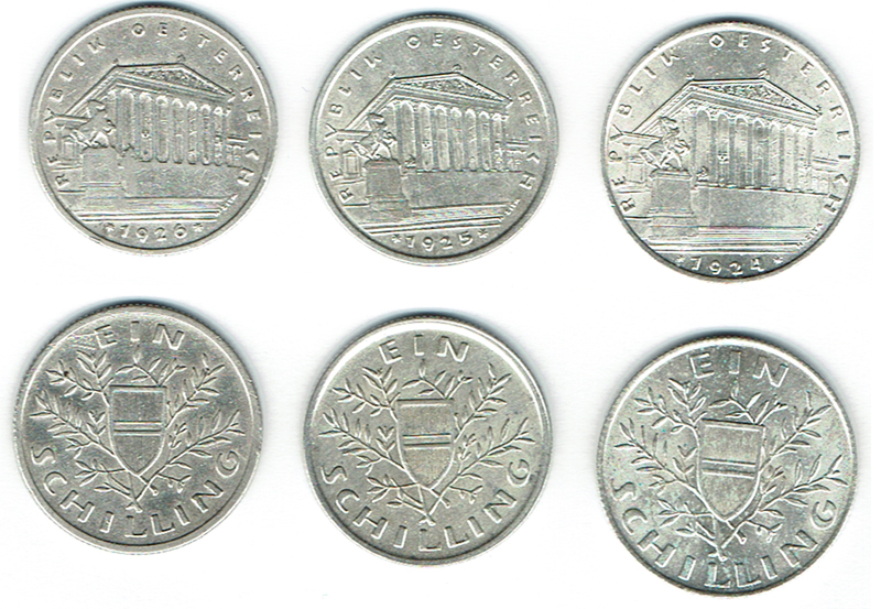  SZAIVERT 1. REPUBLIK ÖSTERREICH 1 SCHILLING 1924 1925 1926 AR PARLAMENT   
