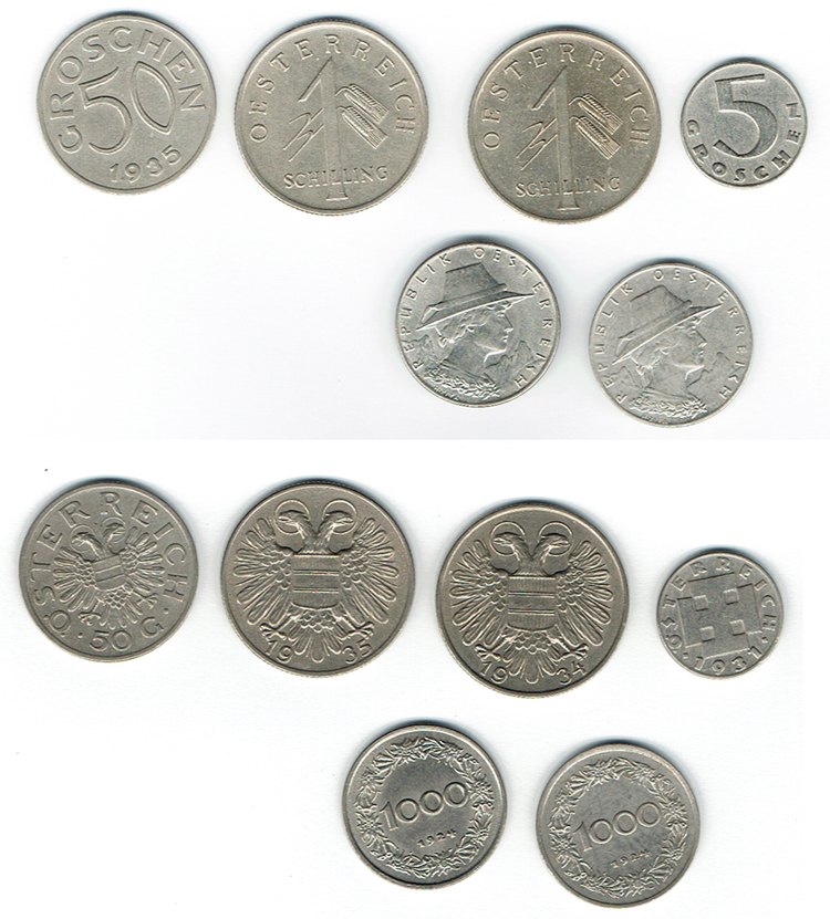  SZAIVERT ÖSTERREICH 1. REPUBLIK 1 SCHILLING 50 GROSCHEN 5 GROSCHEN 10 GROSCHEN 1000 KRONEN   