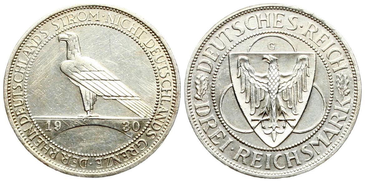  Weimarer Repuplik: 3 Mark 1930, A Rheinlandräumung, siehe unten!   