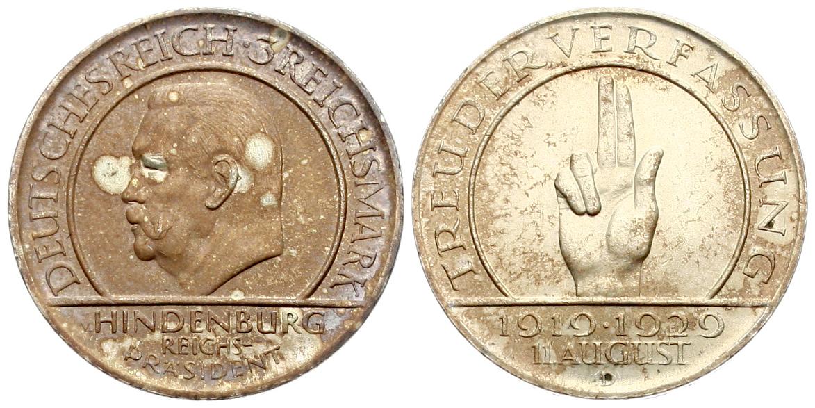  Weimarer Republik: 3 Mark 1929 D, auf die Verfassung, TOP-Erhaltung, schöne Patina!   