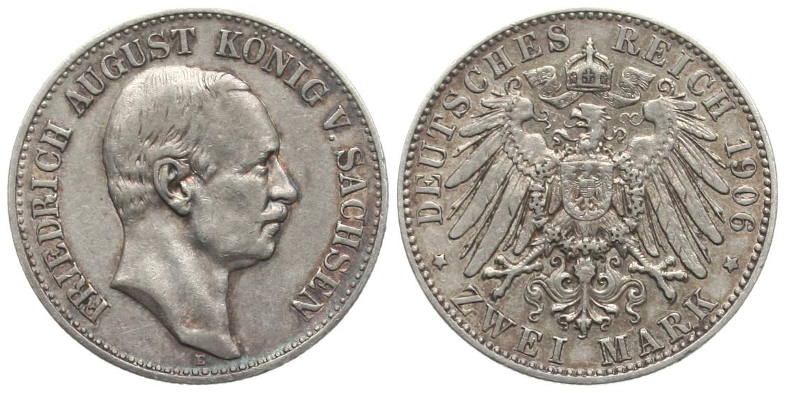  Sachsen: Friedrich August III., 2 Mark 1906 E, hübsche Erhaltung, Silber!   