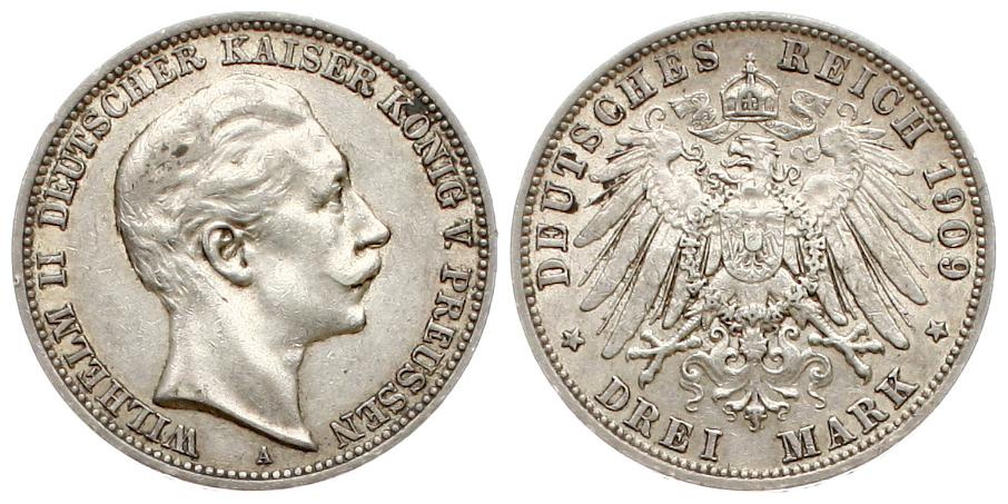  Preussen: Wilhelm II., 3 Mark 1909 A, siehe unten!   
