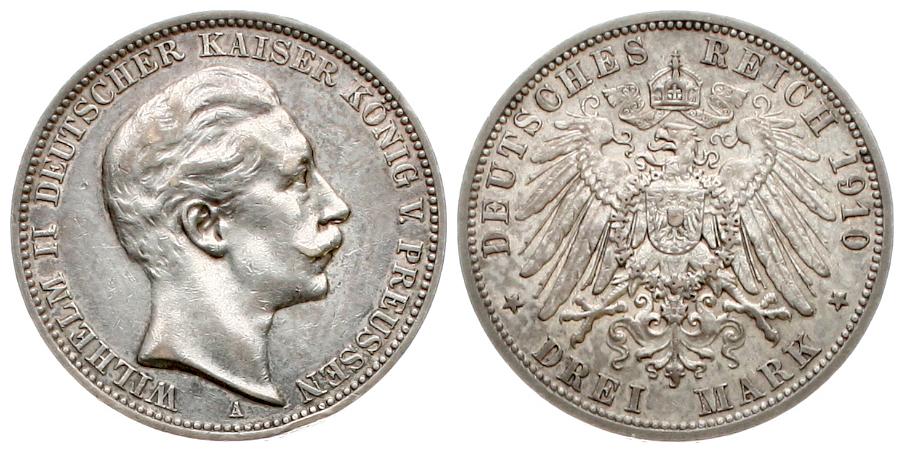  Preussen: Wilhelm II., 3 Mark 1910 A, siehe unten!   