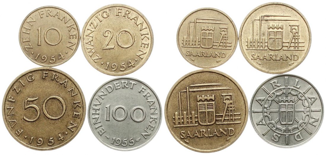  Deutschland: 10-100 Franken 1954 & 1955, Münzsatz des Saarlandes, siehe unten!   