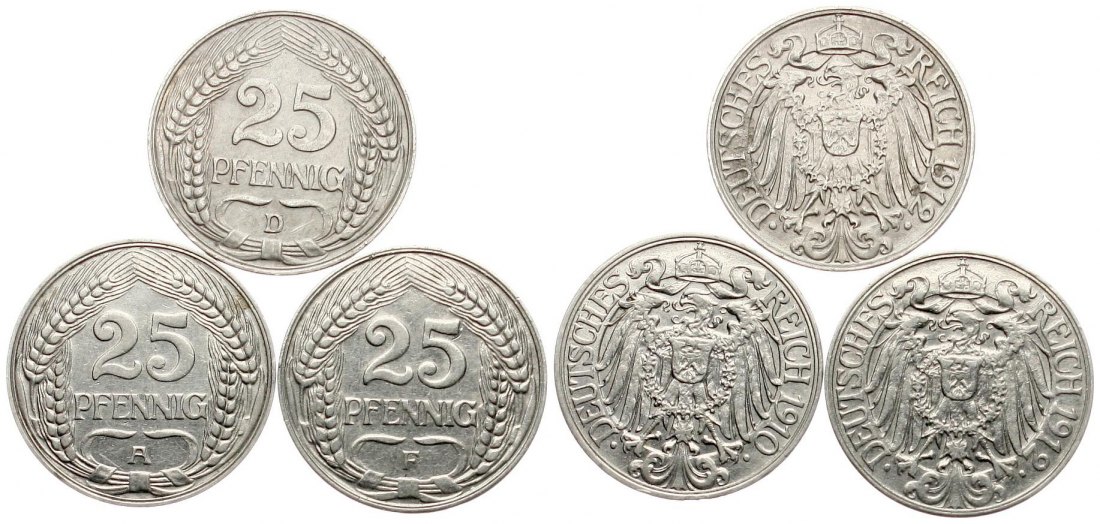  Kaiserreich: Lot von  x 25 Pfennig, Nickel, 1910 A, 1912 D, 1912 F, TOP-Erhaltungen!   