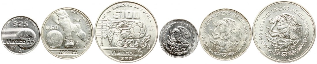  Mexiko: 20, 50 & 100 Pesos 1985 3-er Set Gedenkmünzen auf die Fussball-WM in Mexiko 1986   