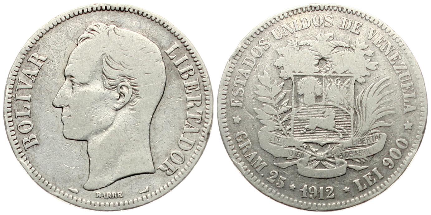  Venezuela: 5 Bolivares 1912, Silber, näheres unten!   