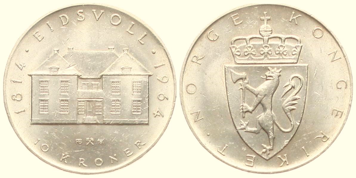  Norwegen: Olav V., 10 Kroner 1964 auf das 150. jährige Jubiläum des Grundgesetzes, näheres unten!   