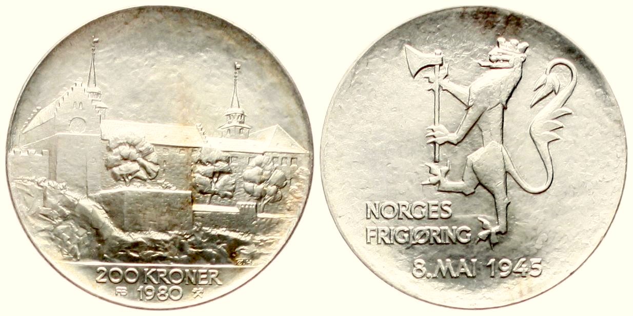  Norwegen: Olav V. 200 Kroner 1980, 35 Jahre Kriegsende, 27,30 gr. 625er Silber (17,08 fein)   