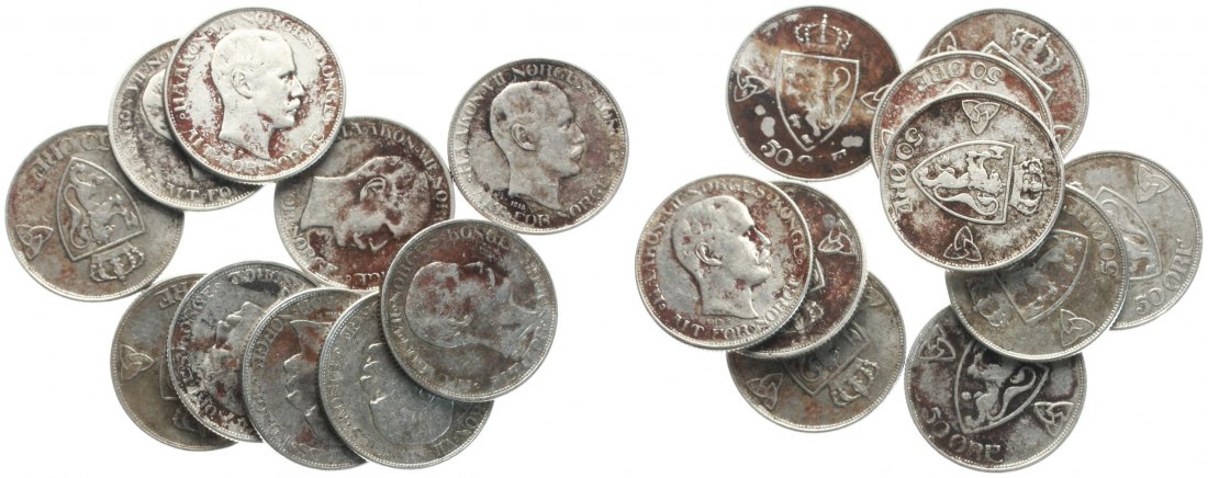  Norwegen: Håkon VII:, Wertvolles Lot von 10 x 50 Øre in Silber, näheres unten!   