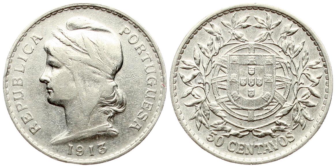  Portugal, Republik: 50 Centavos 1913, siehe unten!   