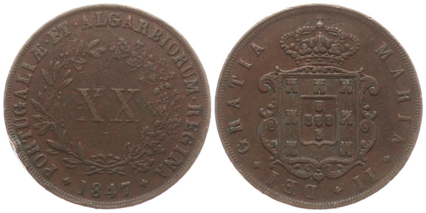  Portugal: Maria II. 1834-1853, 20 Reis 1847, näheres unten!   