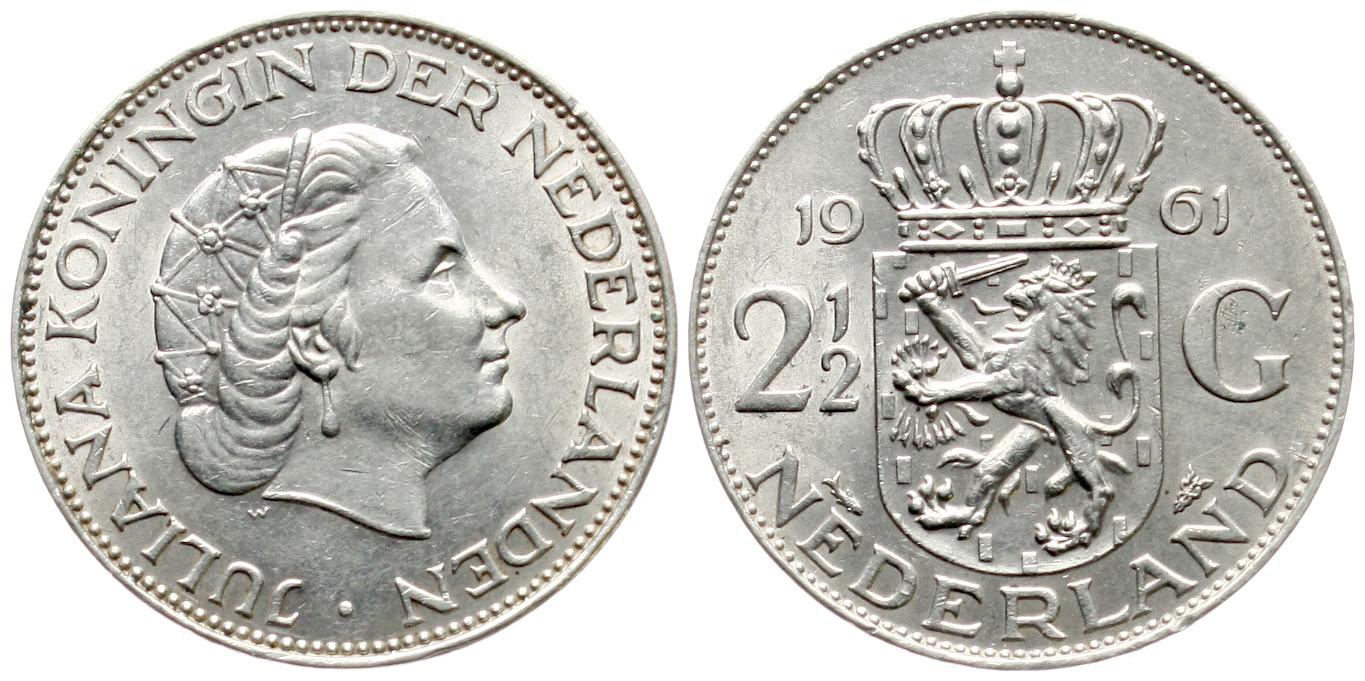  Niederlande: Juliana 1948-1980,  2,5 Gulden 1961, siehe unten!   