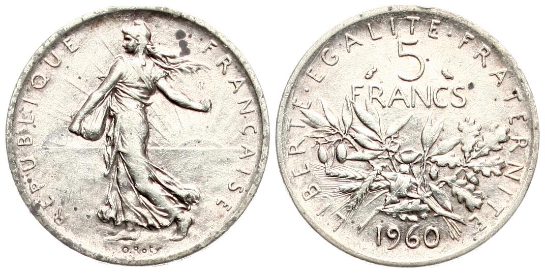  Frankreich: 5 Francs 1960, Silber, näheres unten!   