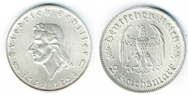  SZAIVERT DEUTSCHLAND NACH 1871 DRITTES REICH 2 REICHSMARK 1934 F SCHILLER   
