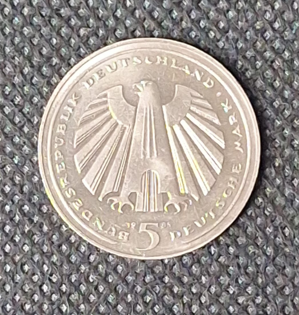  BRD Gedenkmünze: 5 DM 1985 G, 150 Jahre Eisenbahn, bankfrisch/Stempelglanz   