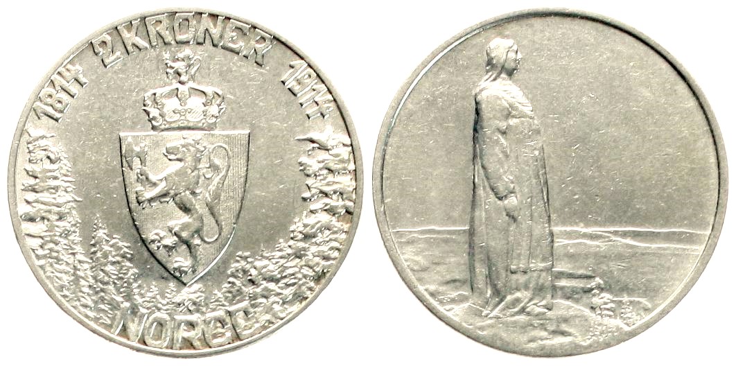  Norwegen: Håkon VII., 2 Kroner 1914. zum 100 jährigen jubil. der Verfassung, Silber, Info unten!   