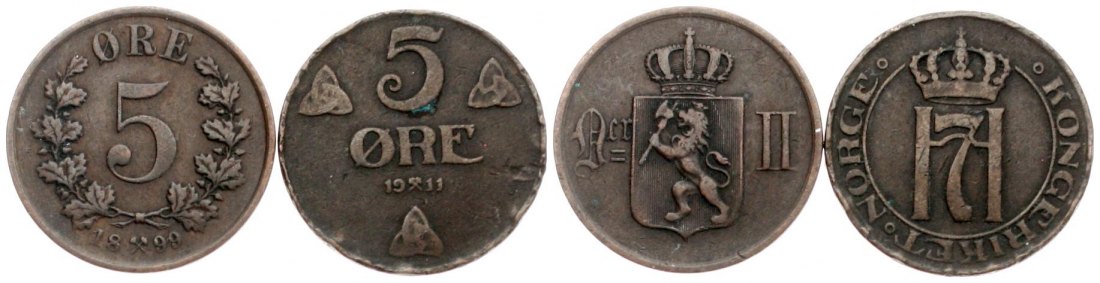 Norwegen: Lot von 2 x 5 Øre 1899 und 1911, siehe Bilder!   