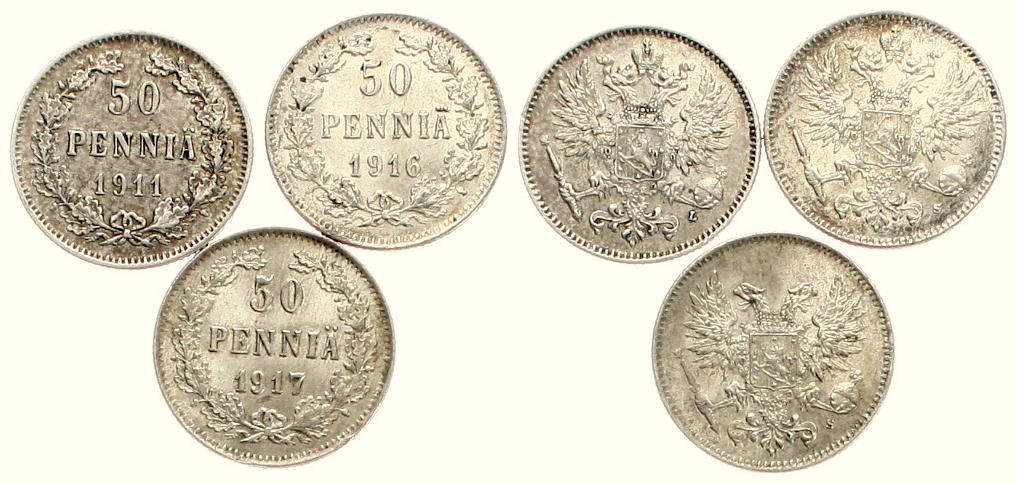  Finnland: Lot von 4 x 15 Penniä & 3 x 50 Penniä in Silber, näheres unten! TOP-ERHALTUNGEN!   