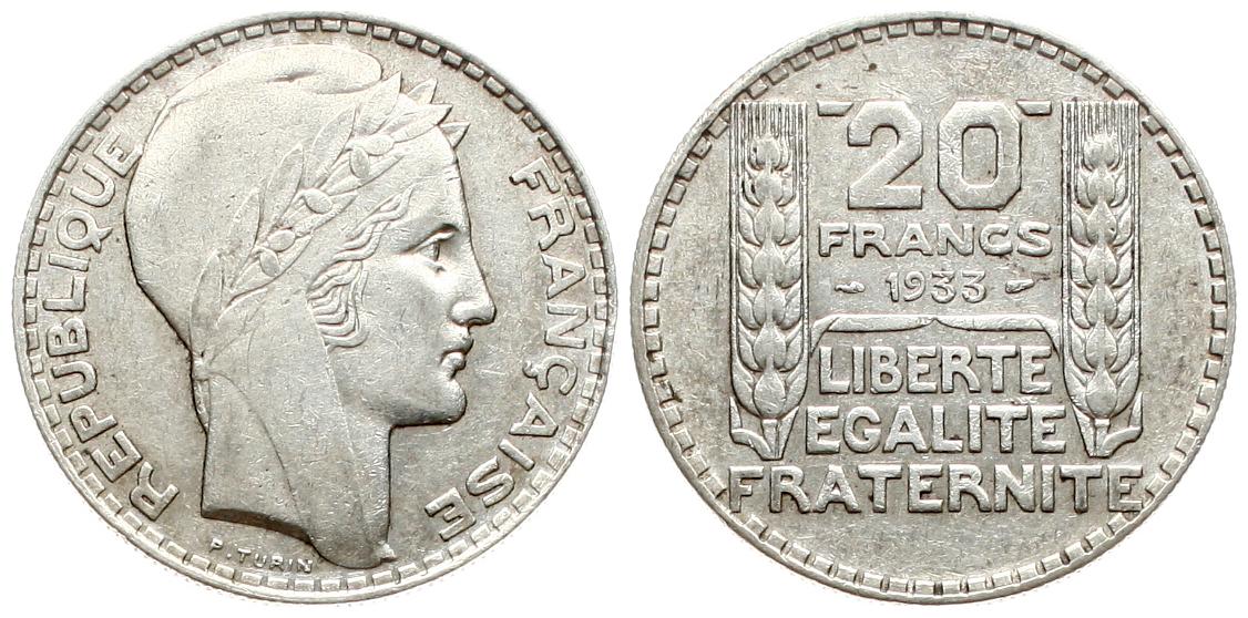  Frankreich: 20 Francs 1933, Turin-Typ, ss-vz   