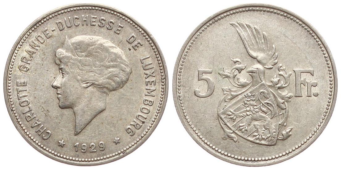  Luxembourg: Charlotte 1919-1964, 5 Franc 1929, ss+/vz   