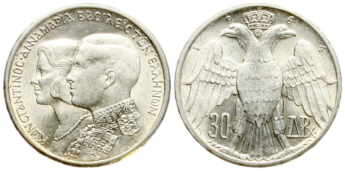  Griechenland: Konstantin II., 30 Drachmen 1964, stgl   