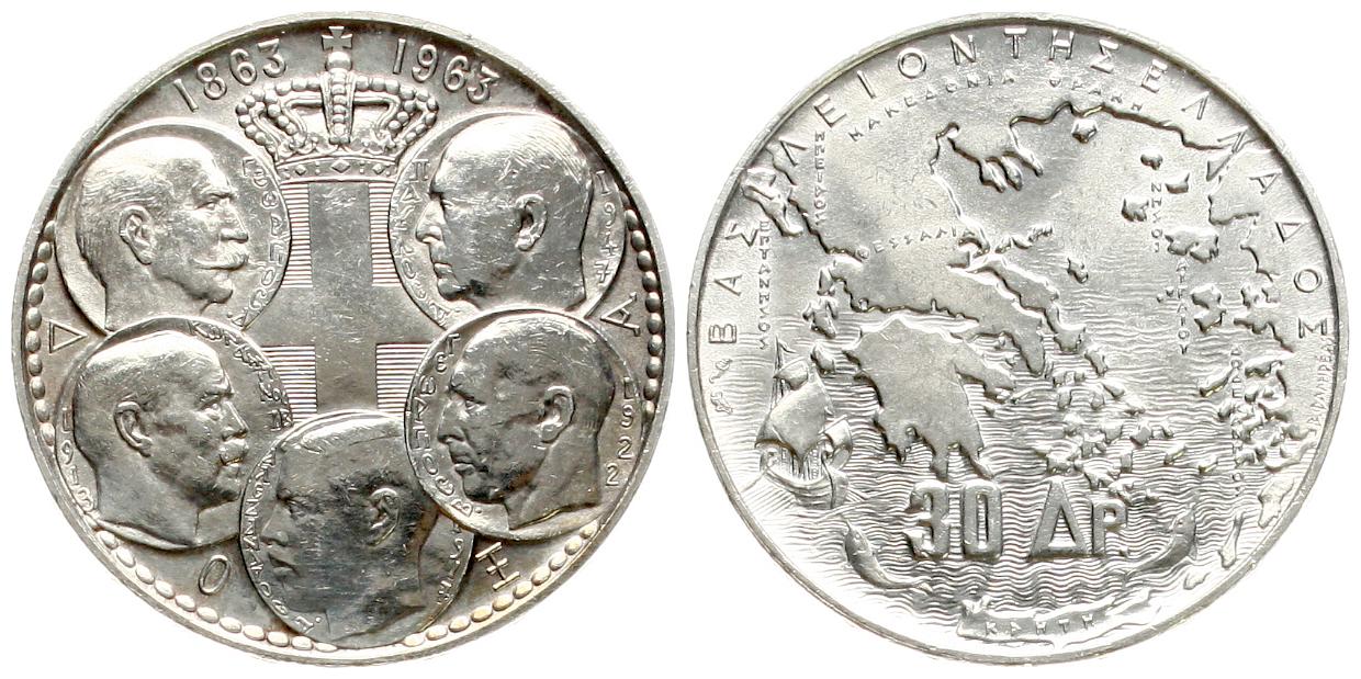  Griechenland: Paul I., 30 Drachmen 1963, 100. Jahrestag, 5 Könige Griechenlands   