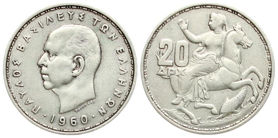  Griechenland: Paul, 20 Drachmen 1960, Silber!   