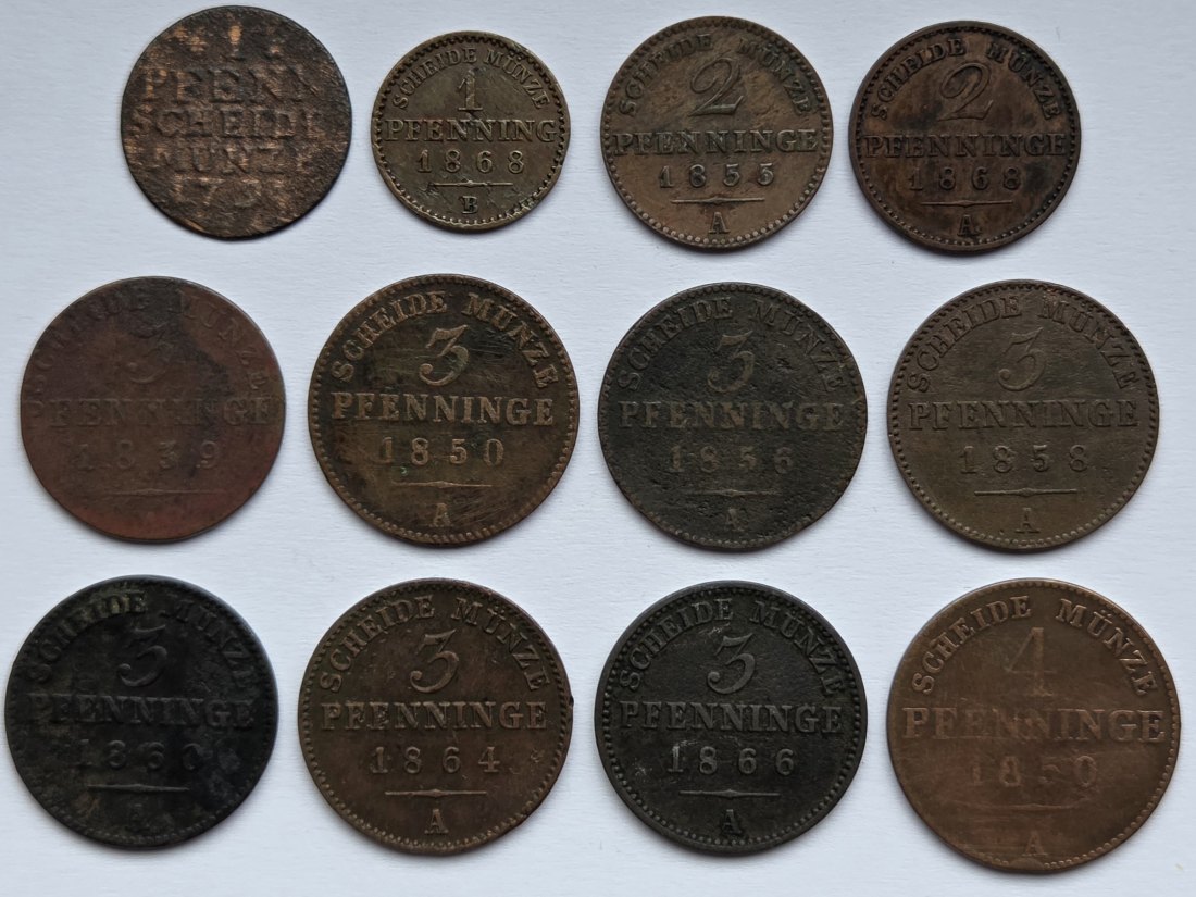  Preußen: Lot aus zwölf verschiedenen Jahrgängen Pfennigen   