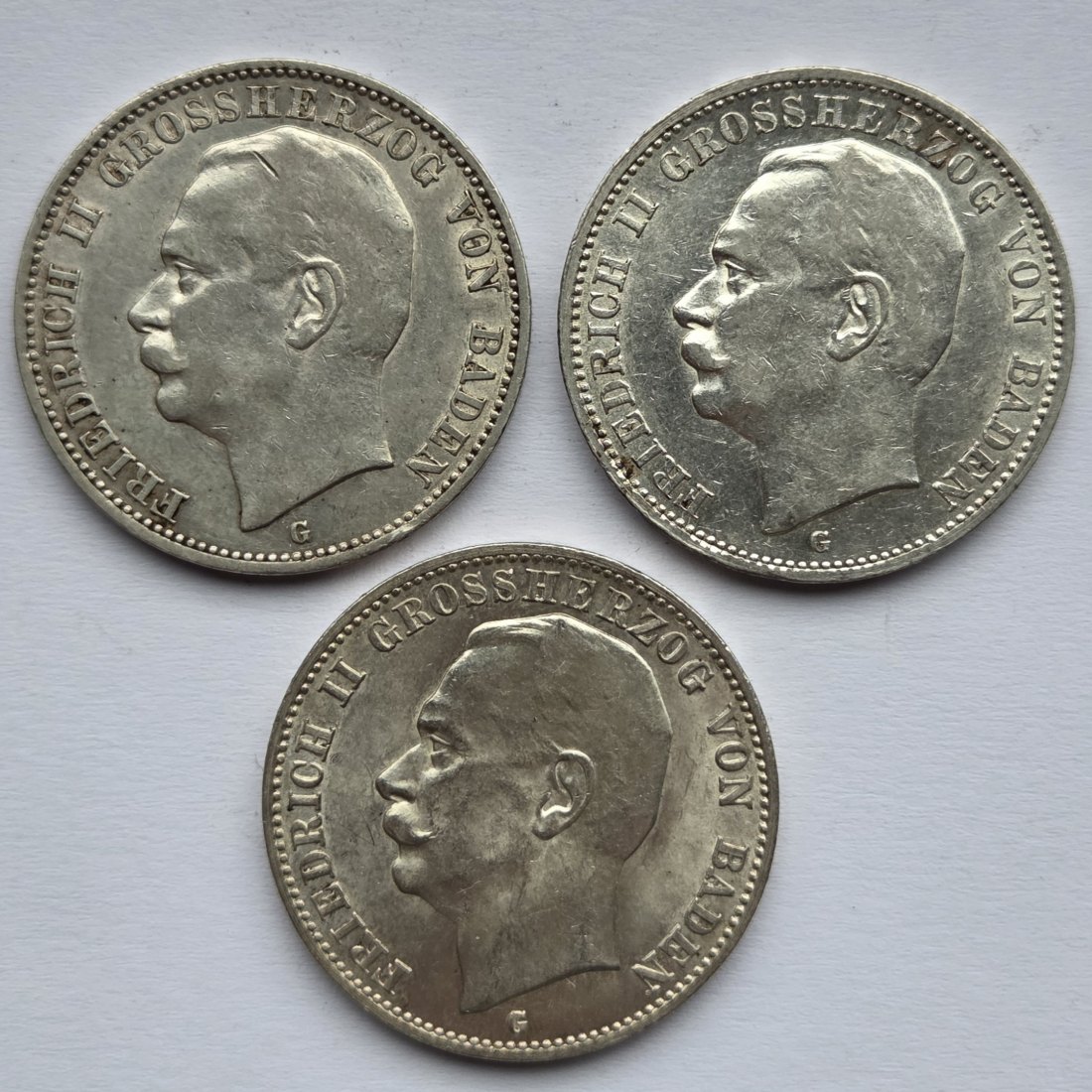  Kaiserreich: Baden, 3 Mark Friedrich II. (Jaeger 39), 3 Stück (1909 + 1911 + 1912)   