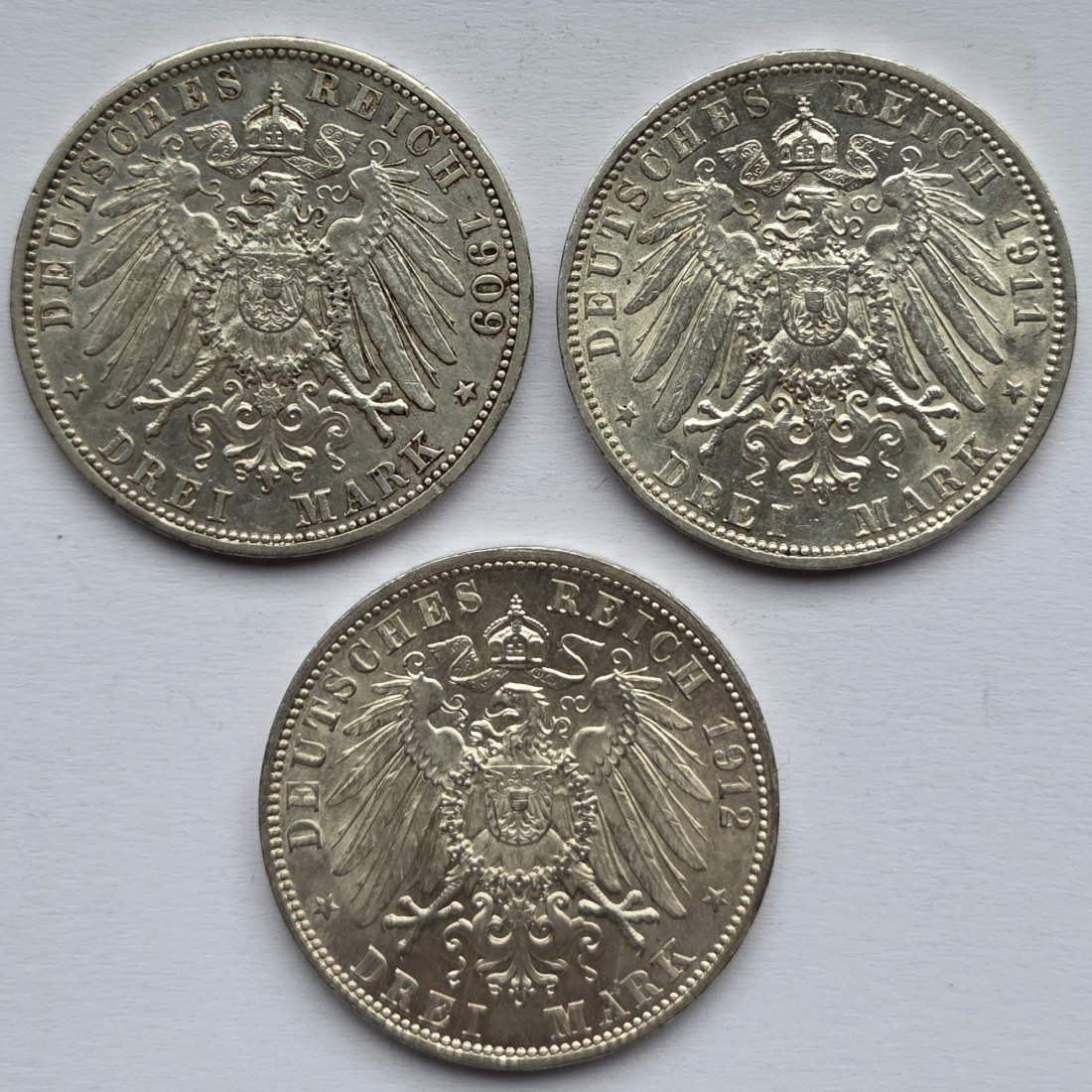  Kaiserreich: Baden, 3 Mark Friedrich II. (Jaeger 39), 3 Stück (1909 + 1911 + 1912)   