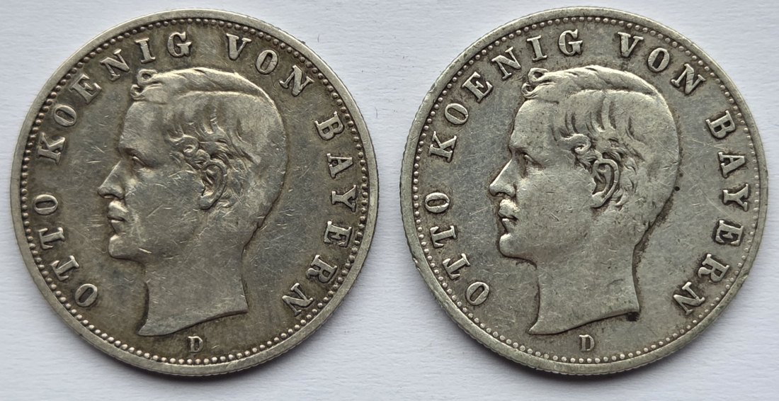 Kaiserreich: Bayern, 2 Mark Otto (Jaeger 45), 2 Stück (1904 + 1907)   