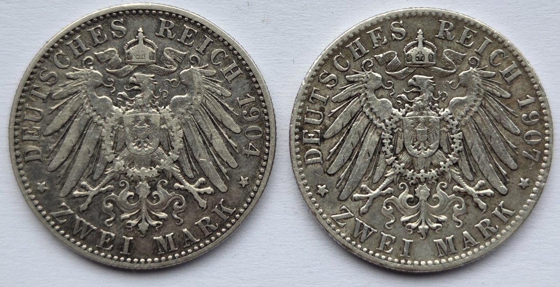  Kaiserreich: Bayern, 2 Mark Otto (Jaeger 45), 2 Stück (1904 + 1907)   
