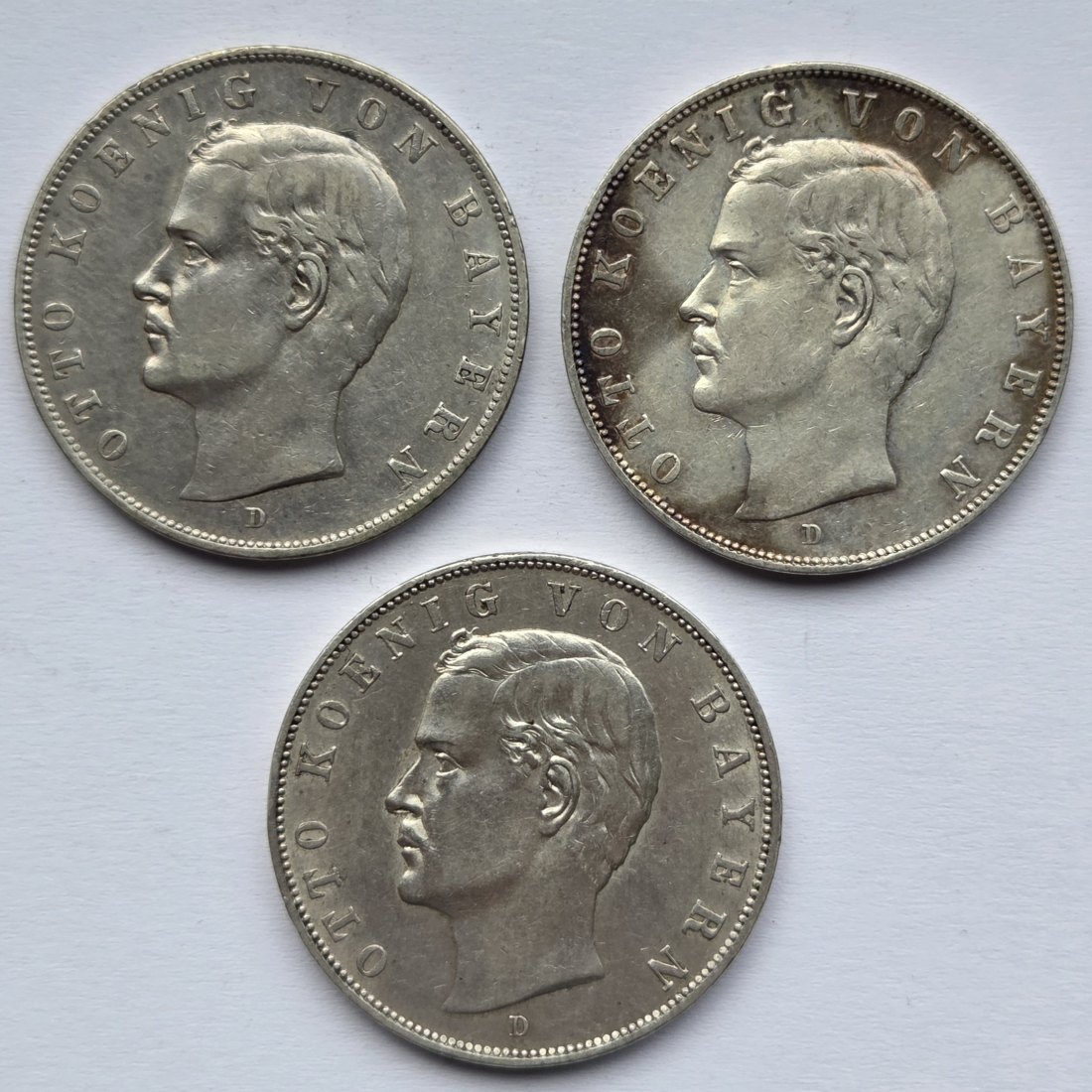  Kaiserreich: Bayern, 3 Mark Otto (Jaeger 47), 3 Stück (1908 + 1910 + 1913)   