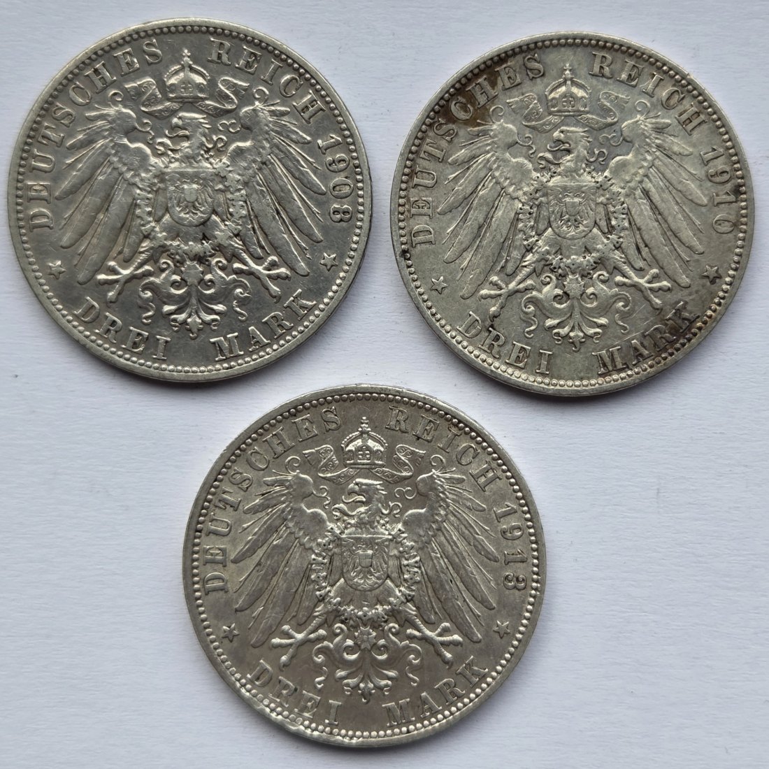  Kaiserreich: Bayern, 3 Mark Otto (Jaeger 47), 3 Stück (1908 + 1910 + 1913)   