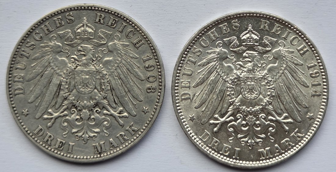  Kaiserreich: Hamburg, 3 Mark (Jaeger 64), 2 Stück (1908 + 1914)   