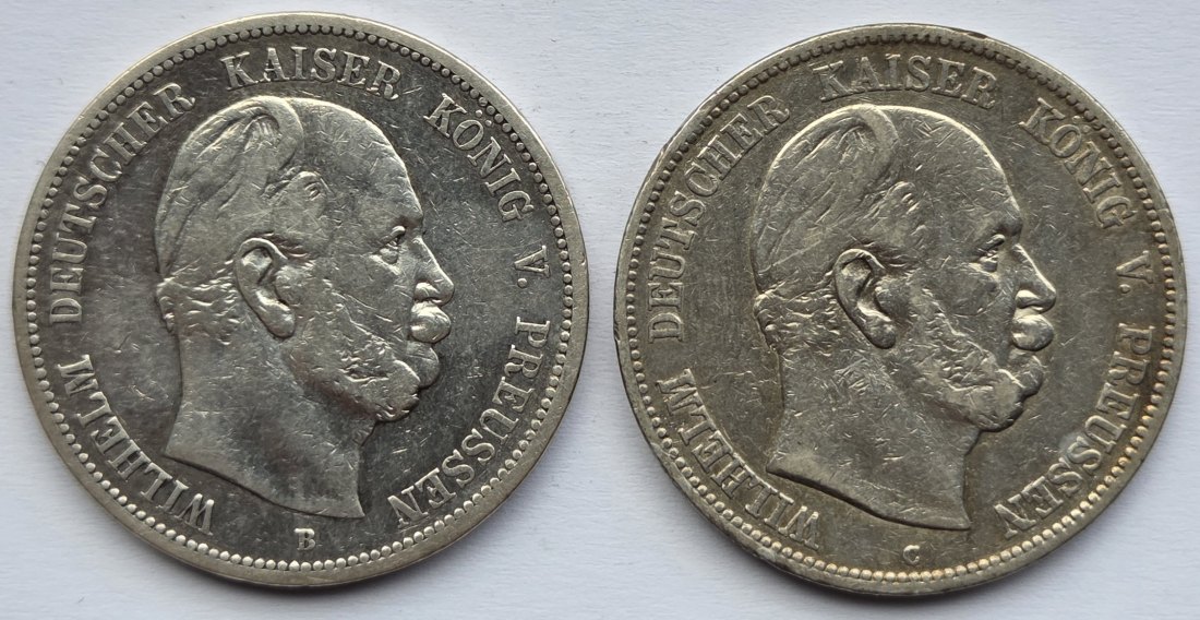  Kaiserreich: Preußen, 5 Mark Wilhelm I. (Jaeger 97), 2 Stück (1876 B + 1876 C)   
